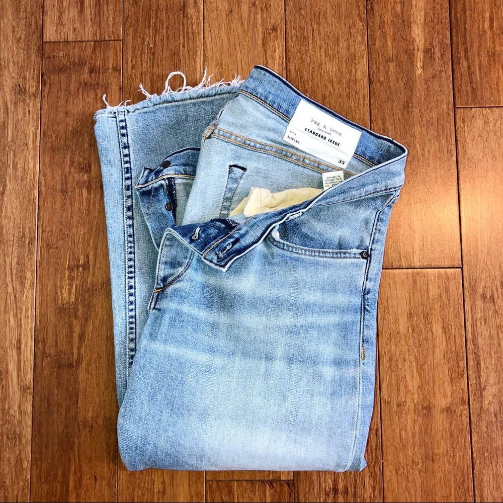 Men’s Rag and Bone light-wash jeans.